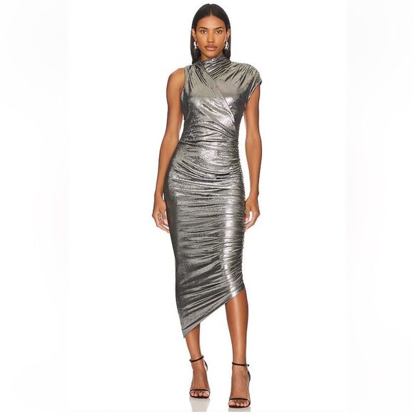 MISHA Revolve chase dress Silver Asymmetrical Ruched Midi metallic As Is S - Picture 1 of 13